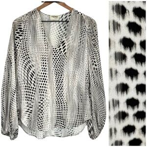 L’Agence x Intermix Blouse Long Sleeve Silky V-Neck Mixed Print Black Ivory | 0